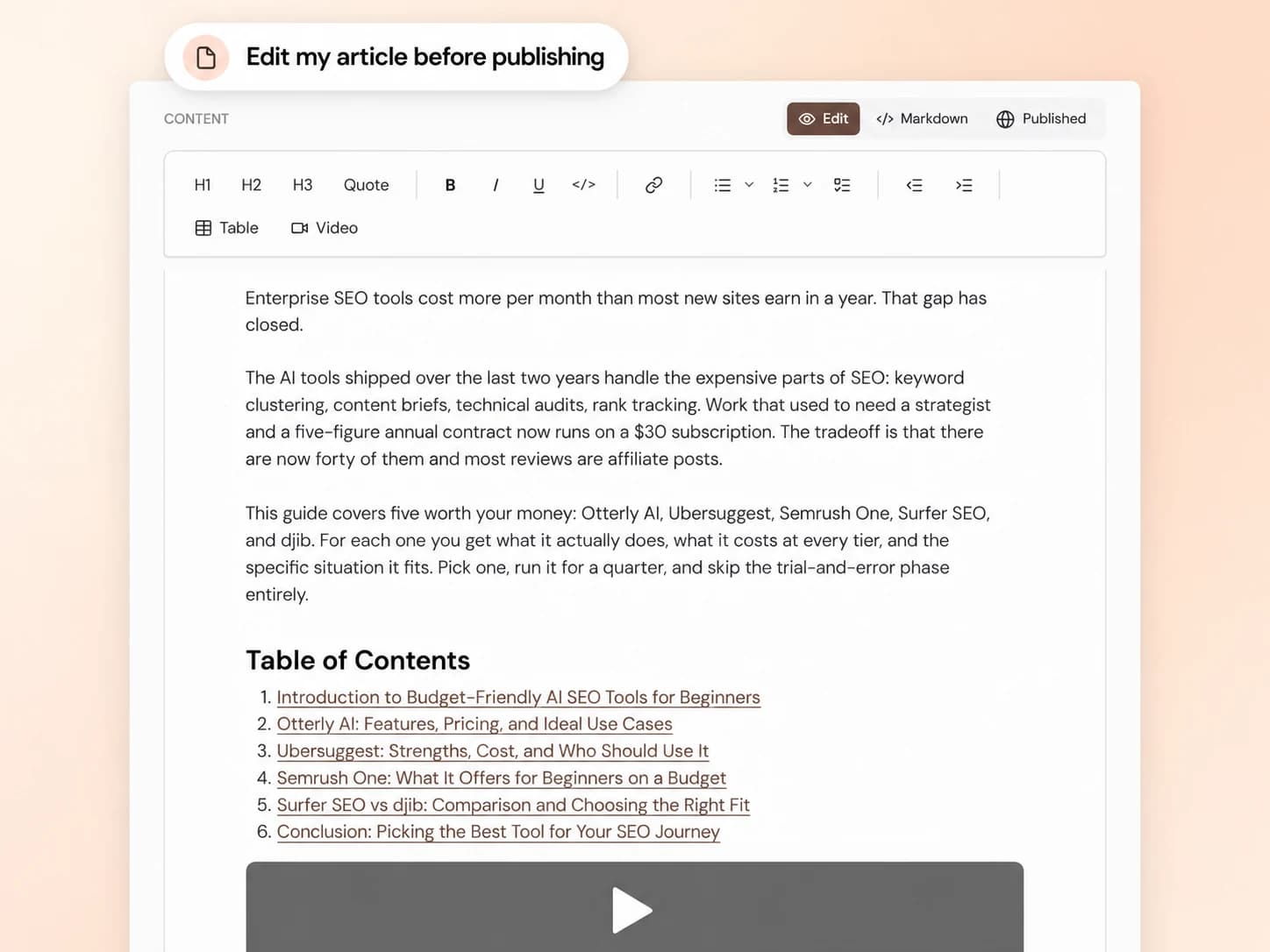 hrefStack article editor with Edit, Markdown and Published views
