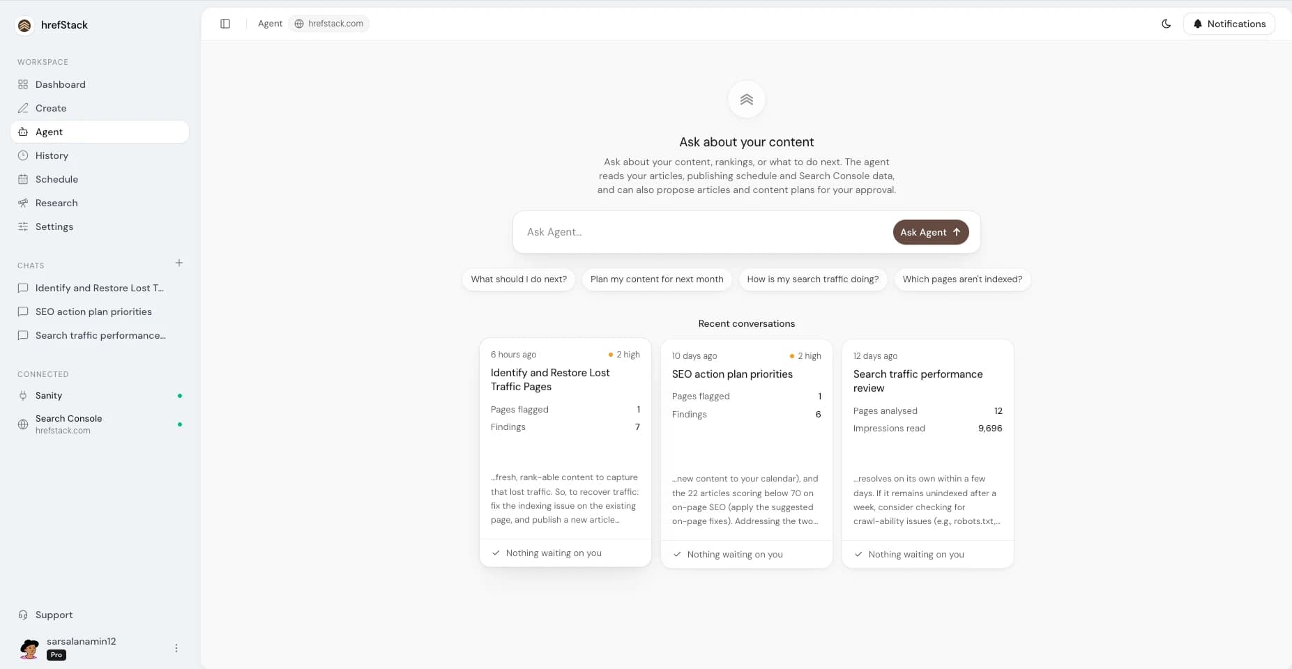 The hrefStack agent: ask about your content, recent conversations with findings, and connected CMS and Search Console