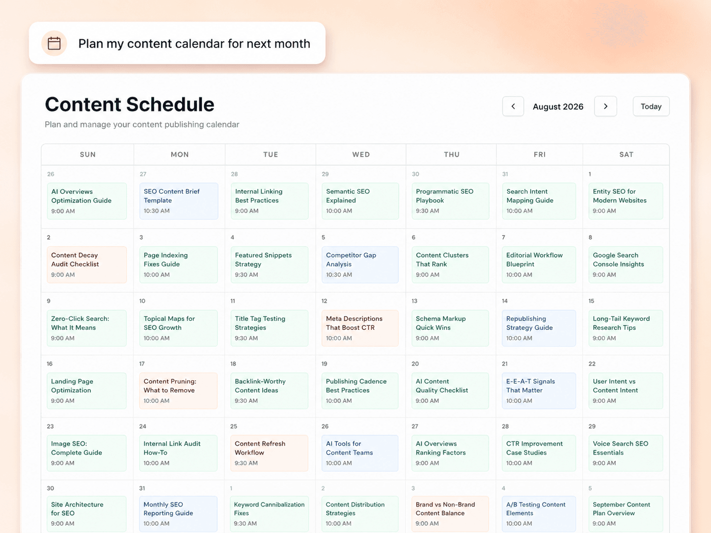 hrefStack content schedule: articles planned on a calendar with publish dates