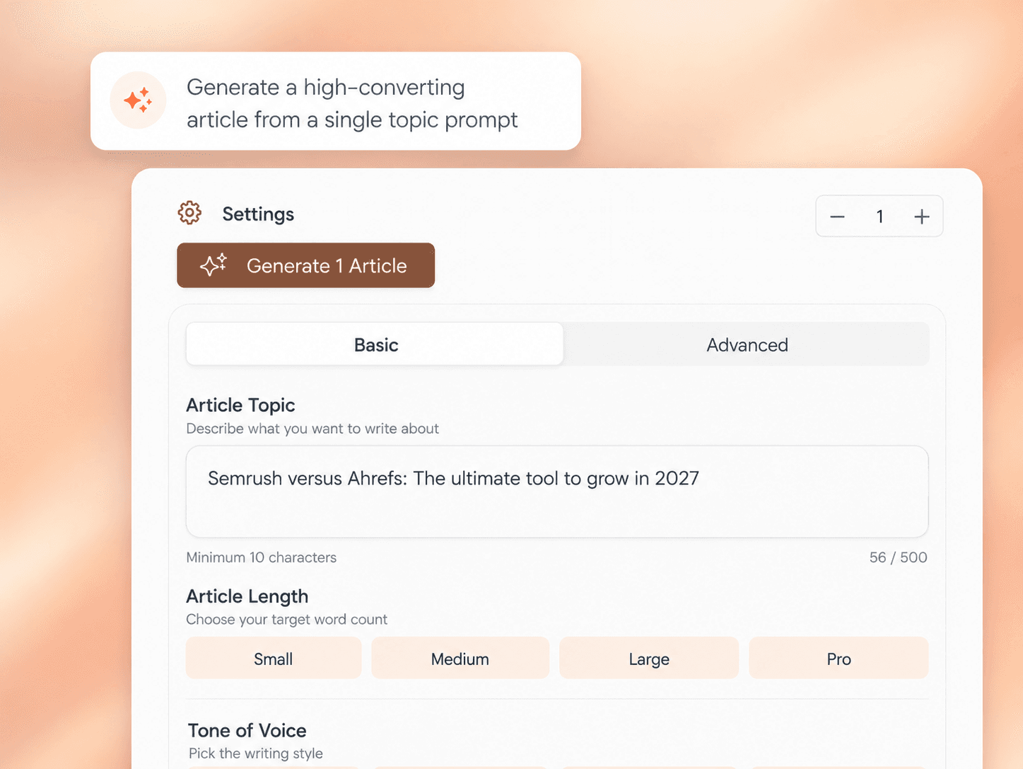 hrefStack generate page: topic, length, tone and target keywords for a new article
