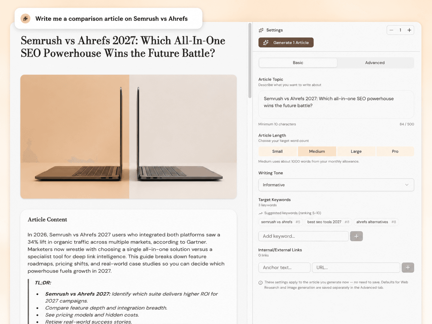 A generated comparison article, Semrush vs Ahrefs 2027, beside the generation settings panel