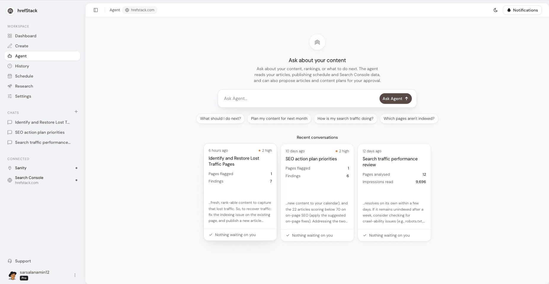 The hrefStack agent: ask about your content, recent conversations with findings, and connected CMS and Search Console